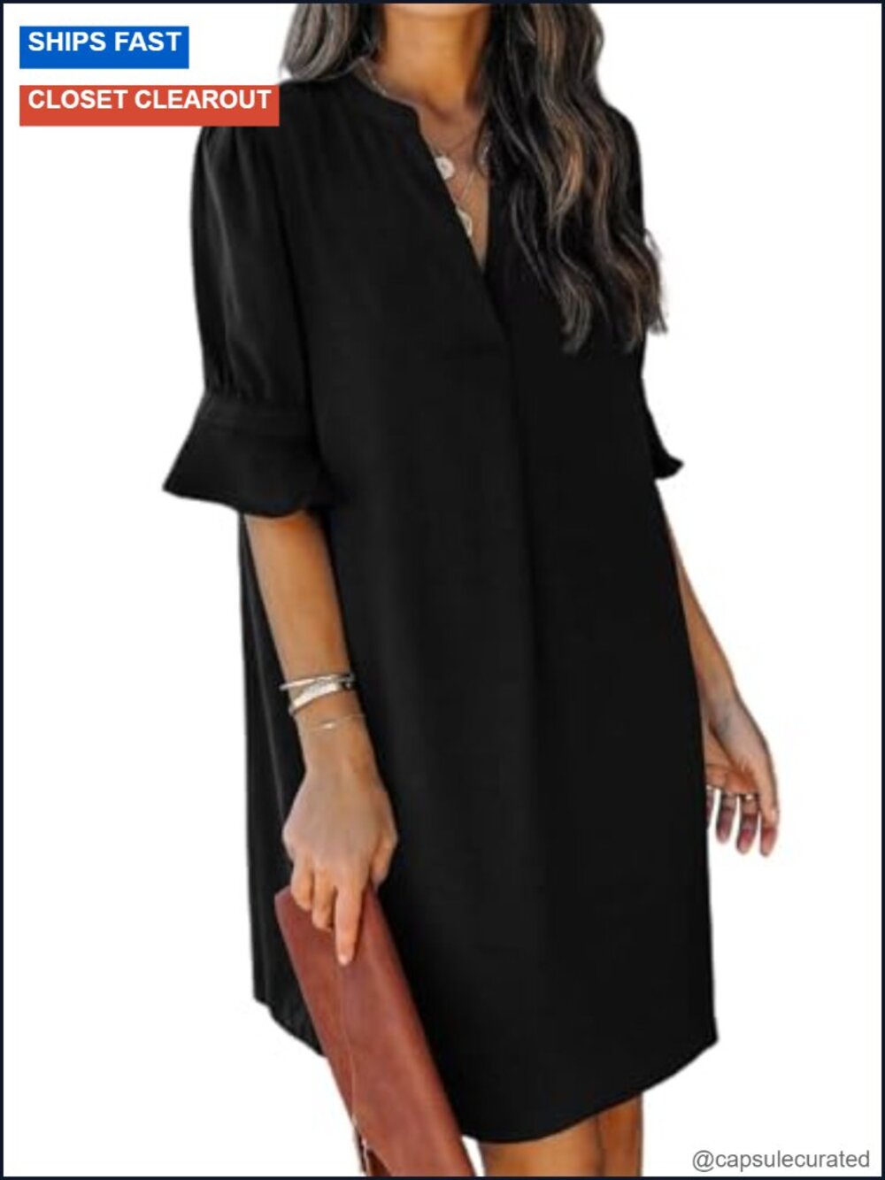 Womens Casual Shift Mini Dress V-Neck Ruffle Sleeve Polyester Summer